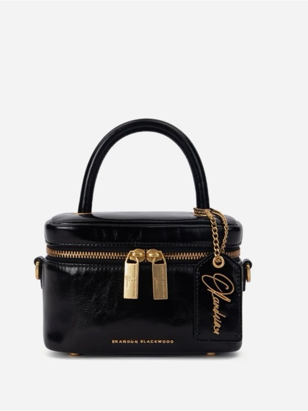 NWT Brandon Blackwood x Olandria Black Patent Mini Vanity Bag with Gold Hardware
